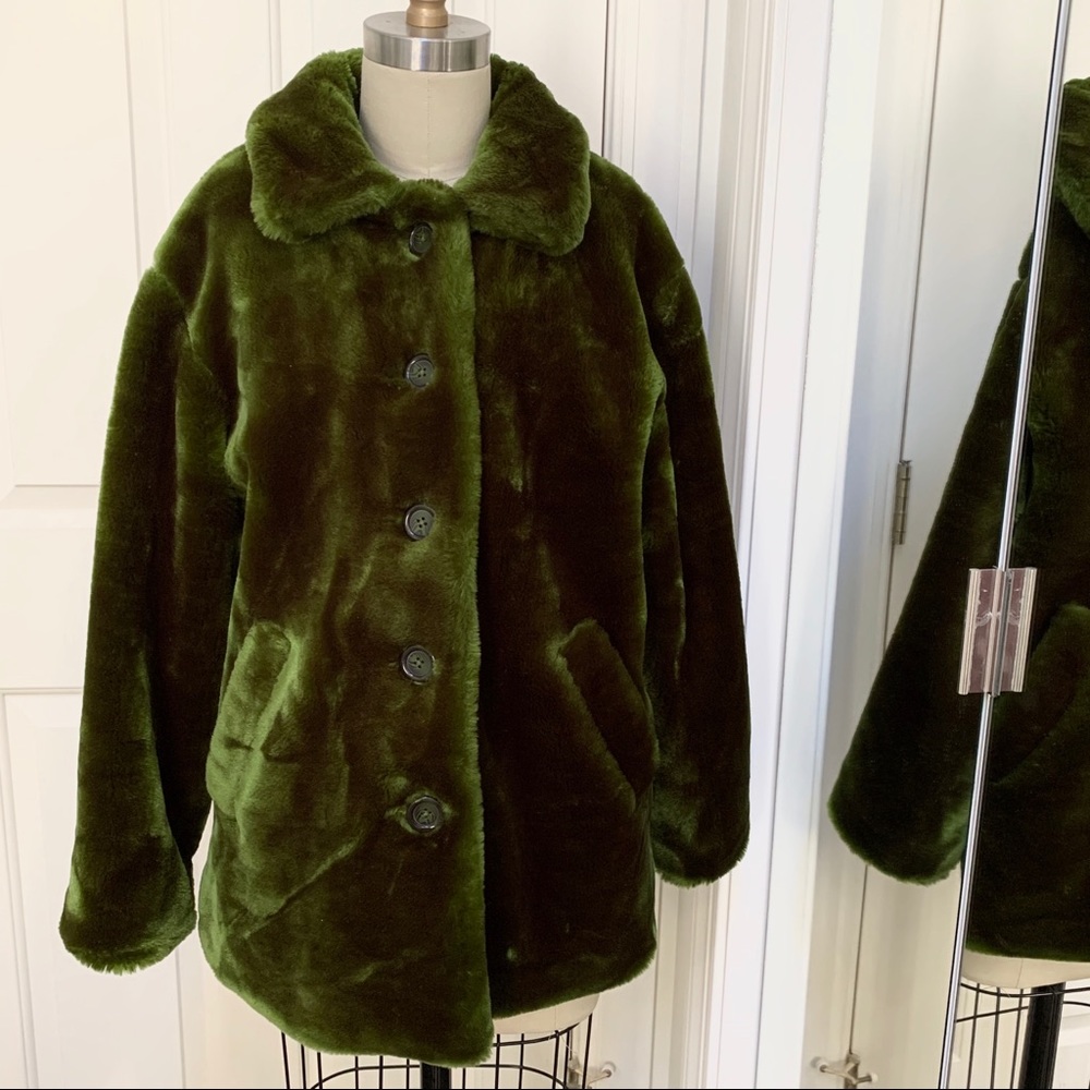 Gap faux fur green jacket W-XS G-XL hat mitten set